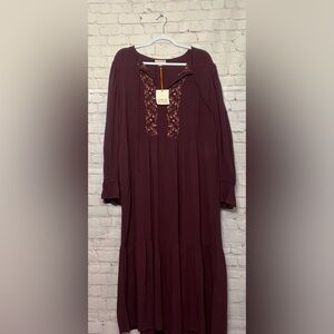 NWT Knox Rose Large Burgundy Embroidered Tiered Long Sleeve Maxi Dress